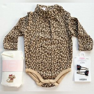 Gymboree Glamour Kitty Leopard print top onesie barrettes tights 0 3 months 0-3M